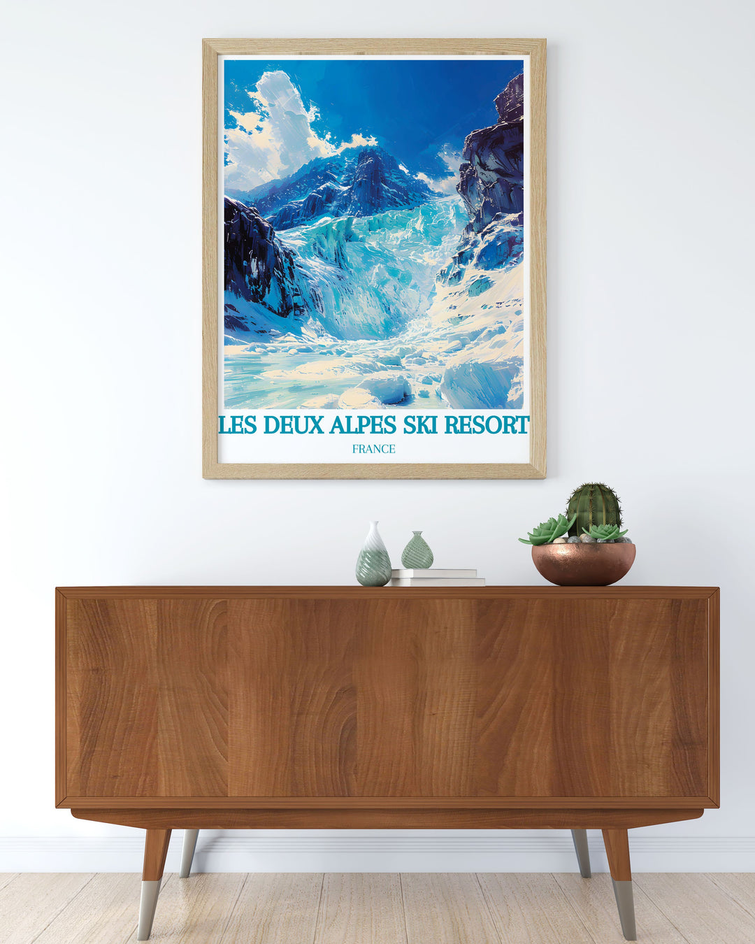 This vibrant art print of Les Deux Alpes Ski Resort captures the bustling ski village and snow covered slopes, making it a standout piece for those who love winter sports and alpine scenery.