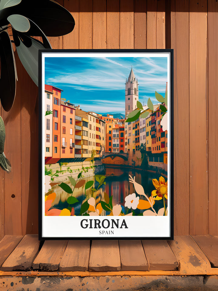 Captivating Spain wall print of Gironas Basílica of San Feliu, highlighting the Gothic architecture and colorful houses along the Onyar River. Perfect for home decor or as a Spain travel gift, this print brings the beauty of Girona into any space