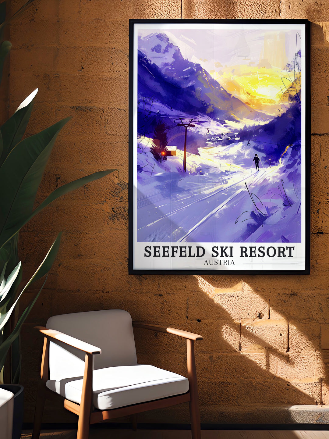 Elegant Seefeld Ski Resort art print showcasing Karwendel mountains and Bergbahnen Rosshutte. Perfect for winter sports enthusiasts looking to enhance their home decor with alpine landscapes.