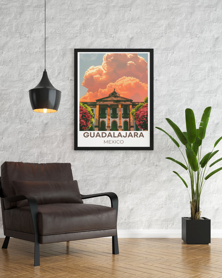 Highlighting the grandeur of Hospicio Cabañas, this travel poster showcases the stunning architecture and historical beauty of this UNESCO World Heritage Site, perfect for history enthusiasts and art lovers.