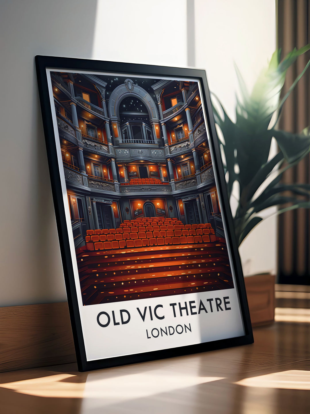 This travel print showcases the grandeur of The Old Vic Theatres main auditorium. The art deco design brings Londons West End to life, offering a sophisticated piece of décor for any space. Perfect as a gift for those who love Londons iconic National Theatre district.