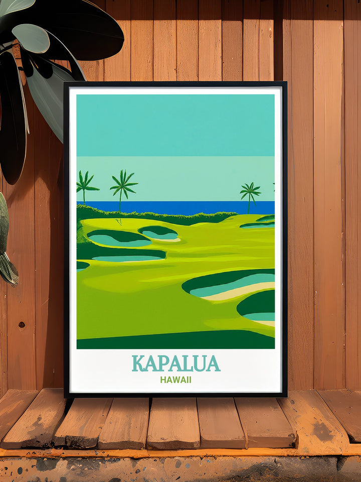 Modern prints of Kapalua golf course and The Plantation Course capture the serene landscape of Hawaii this artwork is perfect for adding elegance to your living room decor offering a timeless design that resonates with the beauty of the islands ideal for art lovers and gift givers