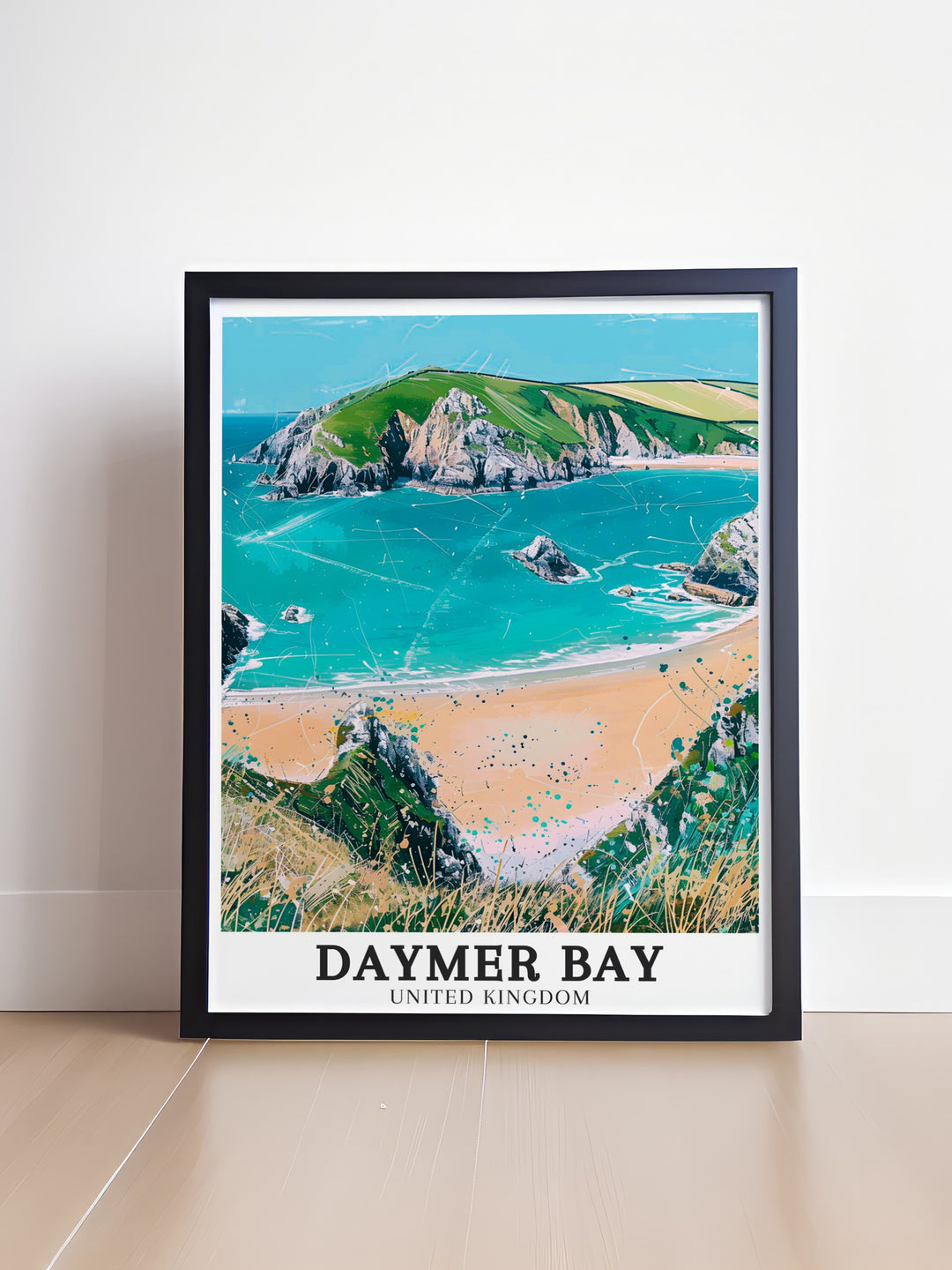 This travel poster captures the serene beauty of Daymer Bay in North Cornwall, featuring its golden sands and tranquil waters. Perfect for bringing a piece of Englands coastal charm into your home, this detailed artwork celebrates the peacefulness of this stunning bay.