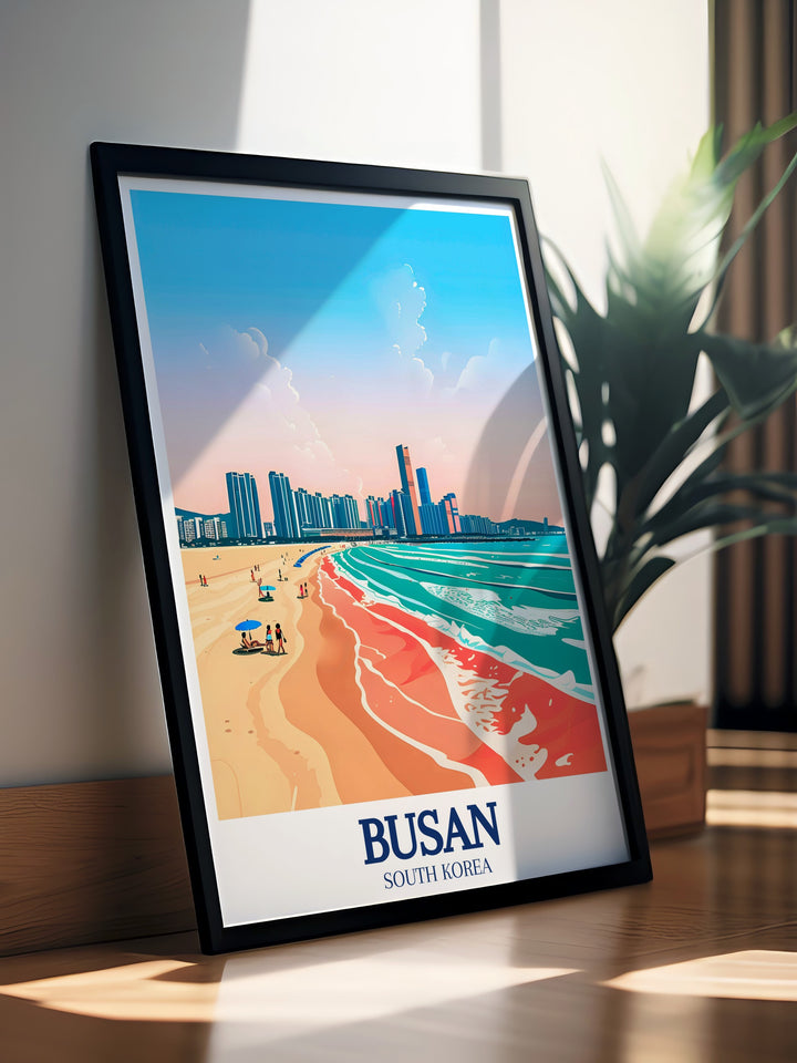 Haeundae Beach and Haeundae gu Skyline depicted in stunning South Korea photography perfect for adding a touch of elegance and adventure to your decor this Busan art print offers a glimpse of both natural beauty and modern architecture.