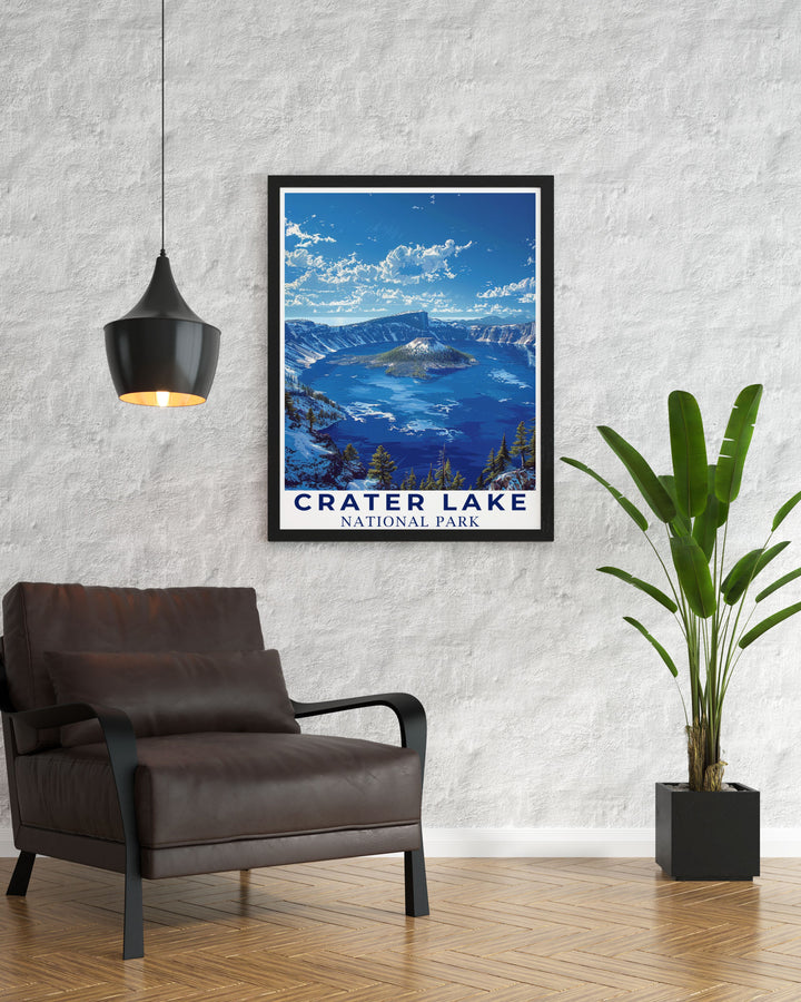 Beautiful Crater Lake Travel Poster showcasing the deep blue waters and dramatic volcanic caldera. This National Park Print is ideal for nature enthusiasts looking to bring a touch of Crater Lakes natural wonder into their living space.