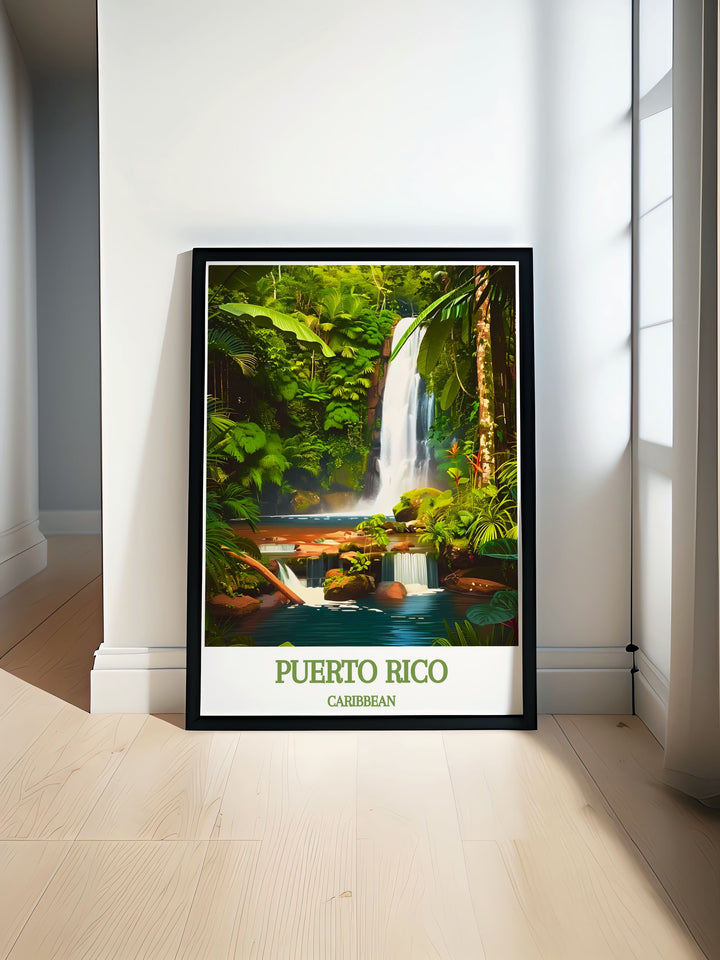 Puerto Rico art print featuring the CARIBBEAN El Yunque National Forest. This Puerto Rico poster showcases the vibrant greenery and natural beauty of the forest, perfect for travel lovers and those seeking unique Puerto Rico wall art for home decor.