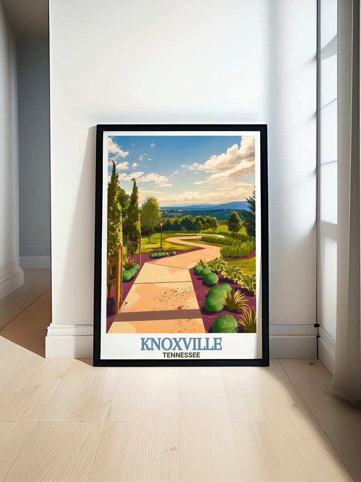 Knoxville Botanical Garden and Arboretum captured in stunning detail in this wall print, highlighting the beauty of its rolling hills and floral pathways. Ideal as a gift or home décor piece, it celebrates the natural charm of Knoxville.