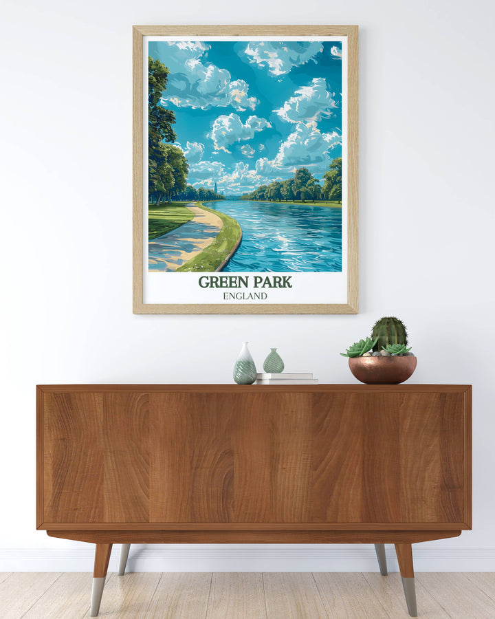 Vibrant artwork depicting the Princess of Wales Memorial Walk within Green Park London, showcasing the rich greenery and peaceful atmosphere, ideal for home living decor and London art gifts.