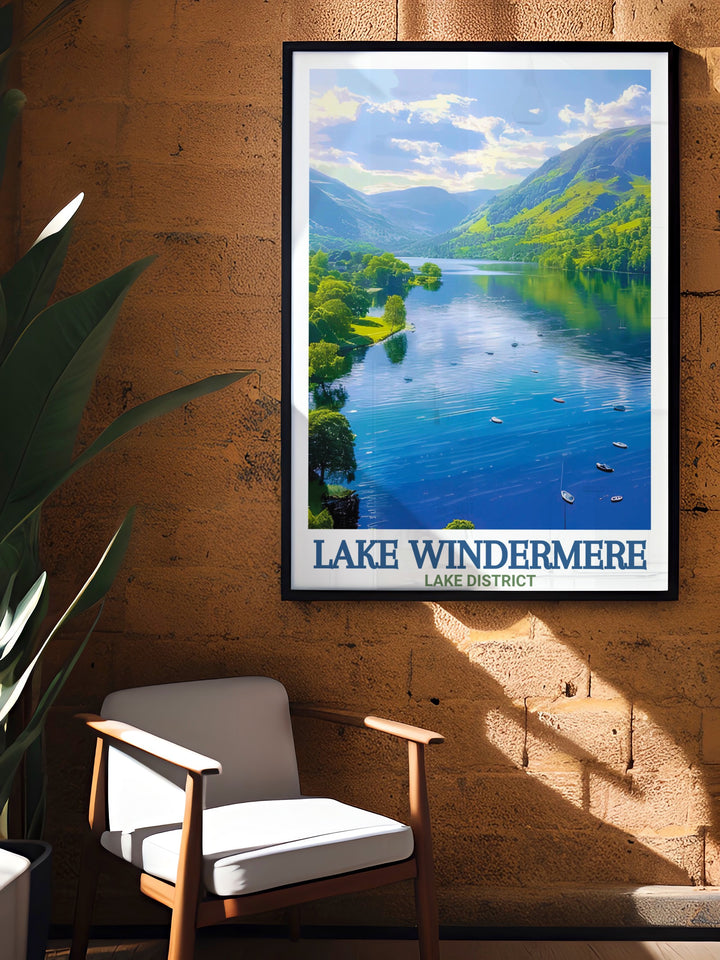 Lake District and Lake Windermere come to life in this beautifully detailed travel print. Perfect for outdoor enthusiasts and nature lovers alike, this wall art captures the natural beauty of Cumbria, offering a stunning addition to any home or office decor.