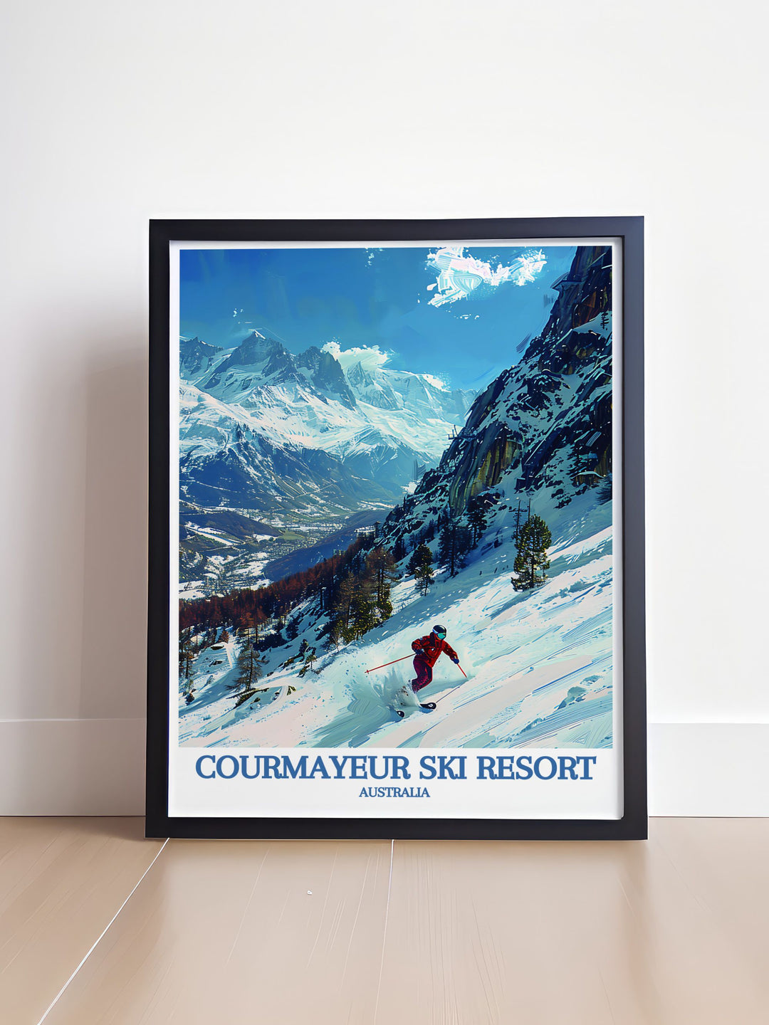 Illustrated with care, this travel poster brings to life the stunning slopes of Courmayeur and the iconic views of Mont Blanc, ideal for enhancing any room with the charm of Italys Aosta Valley.