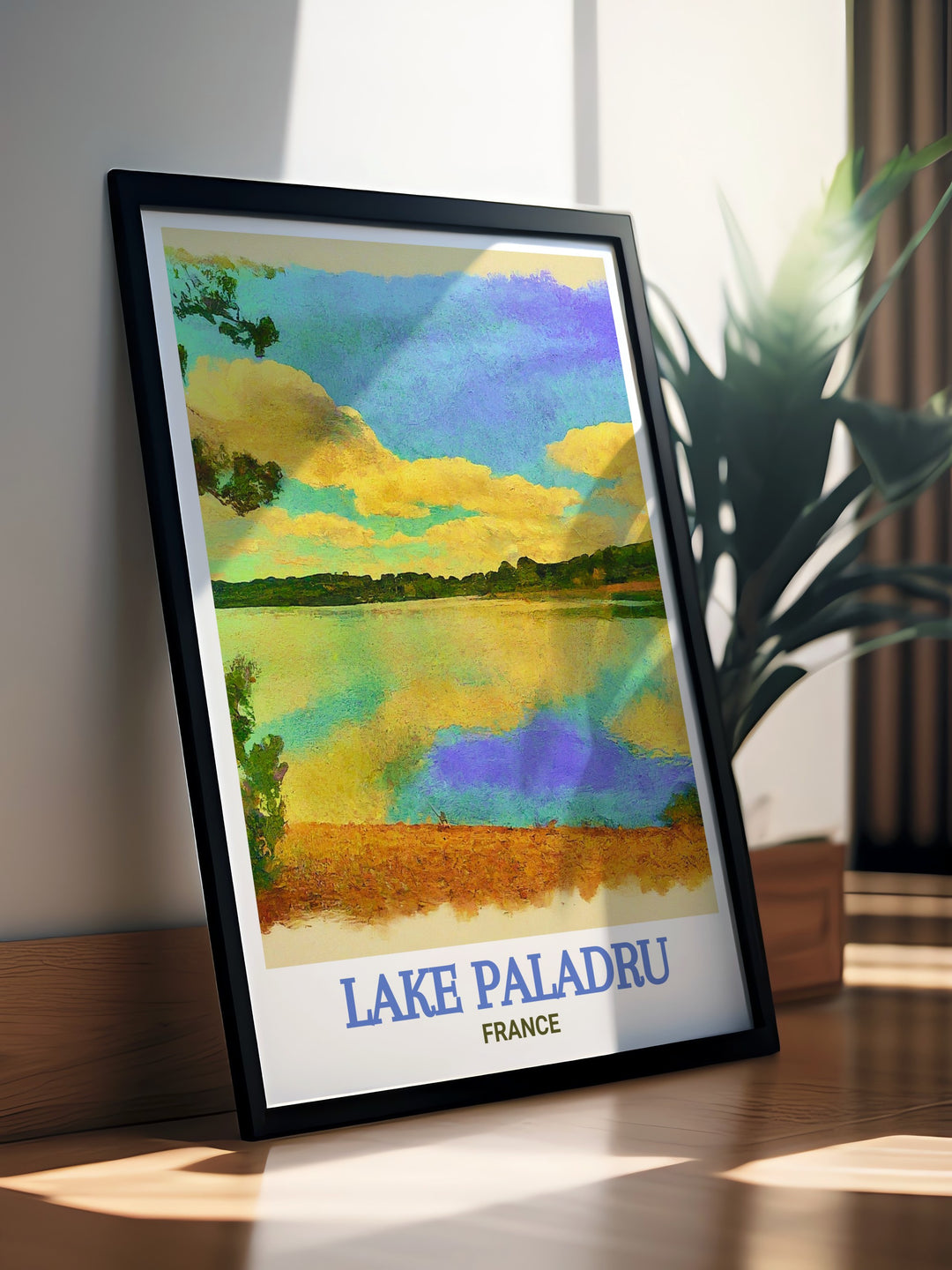 An art print of Lake Paladru, highlighting the lakes pristine waters and the rolling hills that surround it. Perfect for adding a calming and scenic touch to your home decor, especially for those who love the beauty of Frances lakes.