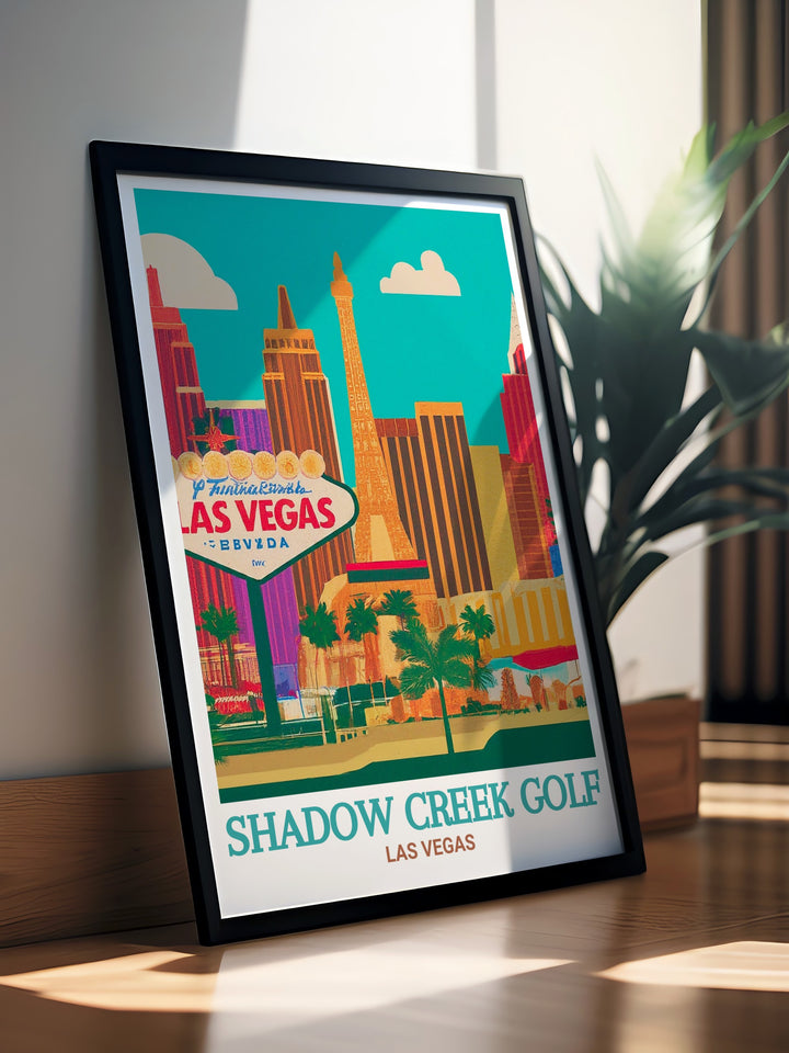 Travel Print of Shadow Creek Golf Course in Las Vegas, offering a stunning view of the courses lush greenery and challenging holes. The high quality print brings the vibrant colors and intricate details of the landscape to life, making it a standout piece in any golf art collection. This travel print is perfect for golf enthusiasts, collectors, and anyone who wants to bring a piece of the Las Vegas golf experience into their home.