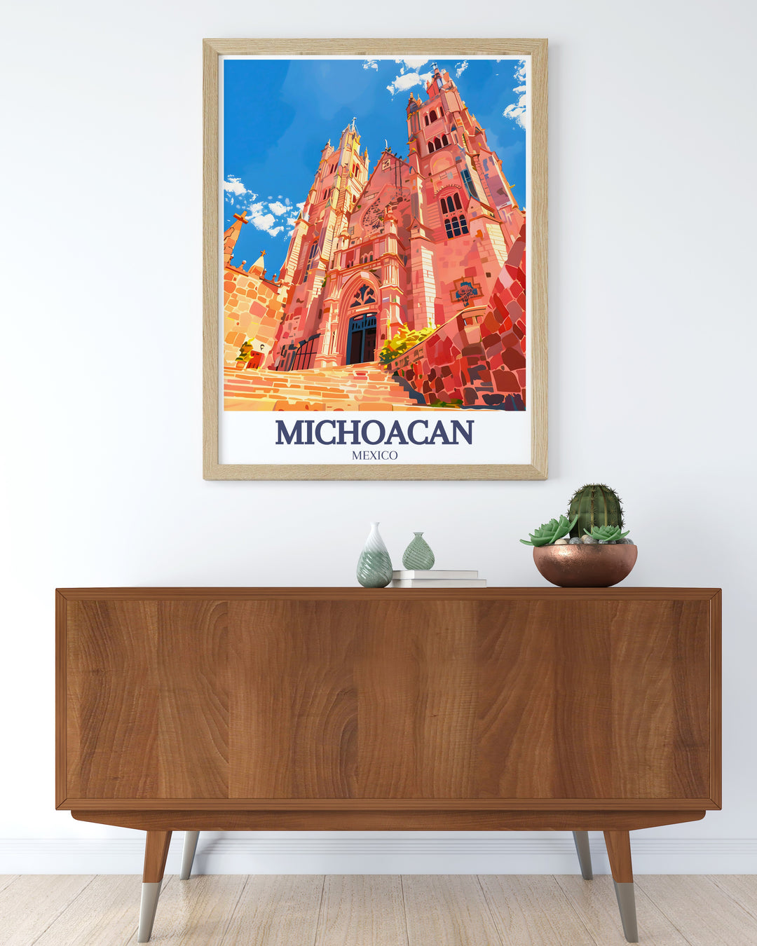 Add a splash of color to your home décor with this Michoacán travel print. Featuring Morelia Cathedral and the surrounding skyline, this poster combines vibrant colors with vintage charm to create a striking visual of Mexicos architectural landmarks.