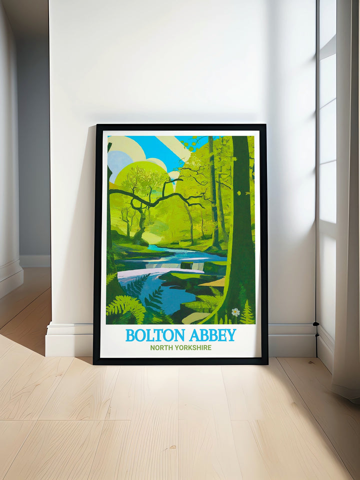 Bolton Priory Ruins art print capturing the serene beauty of North Yorkshires Bolton Abbey surrounded by the picturesque landscapes of the Yorkshire Dales perfect for adding a touch of historical elegance to your living room or office decor.