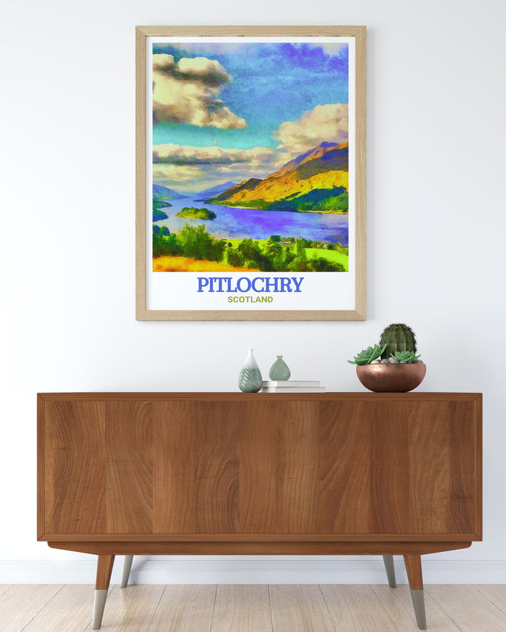 Scotland travel poster featuring the breathtaking Queens View, with its sweeping vistas over the Highlands and Loch Tummel. This vintage style wall poster is perfect for anyone who admires Scotlands rugged landscapes and wants to bring a piece of the Highlands into their home.