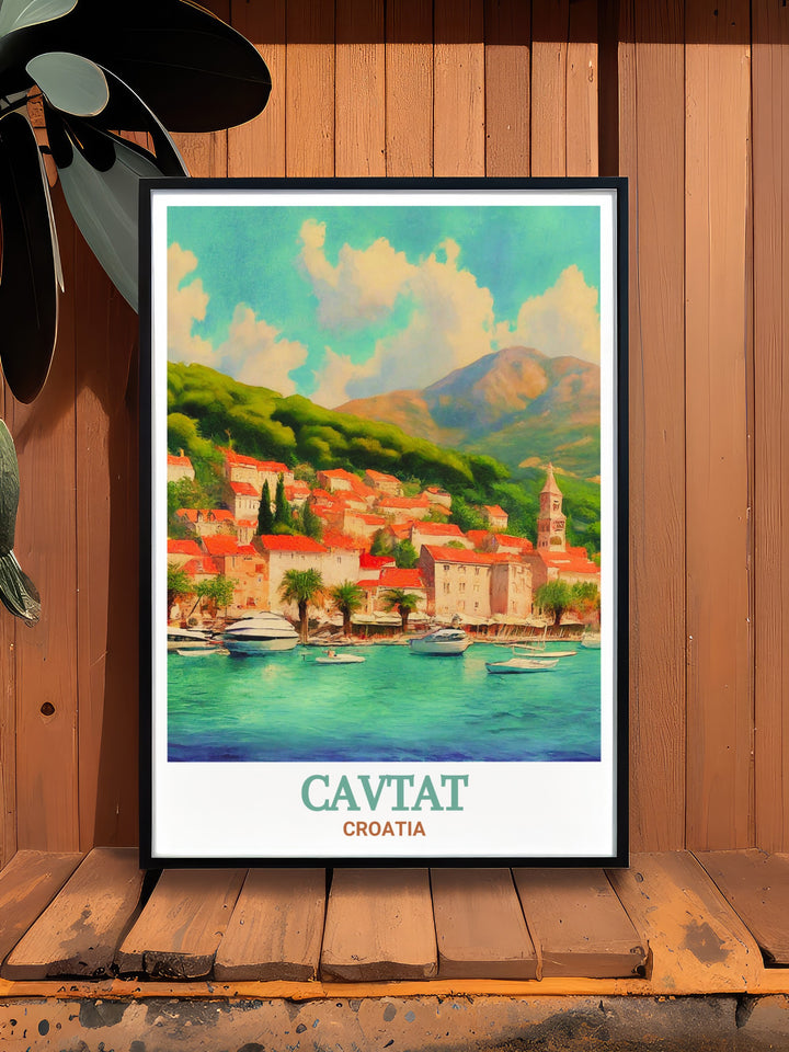 Croatia canvas art featuring Cavtat Old Town and its peaceful harbor offers a stunning view of this coastal gem, making it a must have for those who love travel and Mediterranean landscapes.