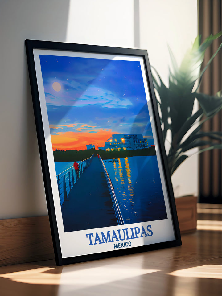 Elevate your home decor with this Tamaulipas travel poster featuring Reynosa city and Laguna del Carpintero in Tampico. The rich color palette and intricate city art make it perfect for creating an inviting and sophisticated space.