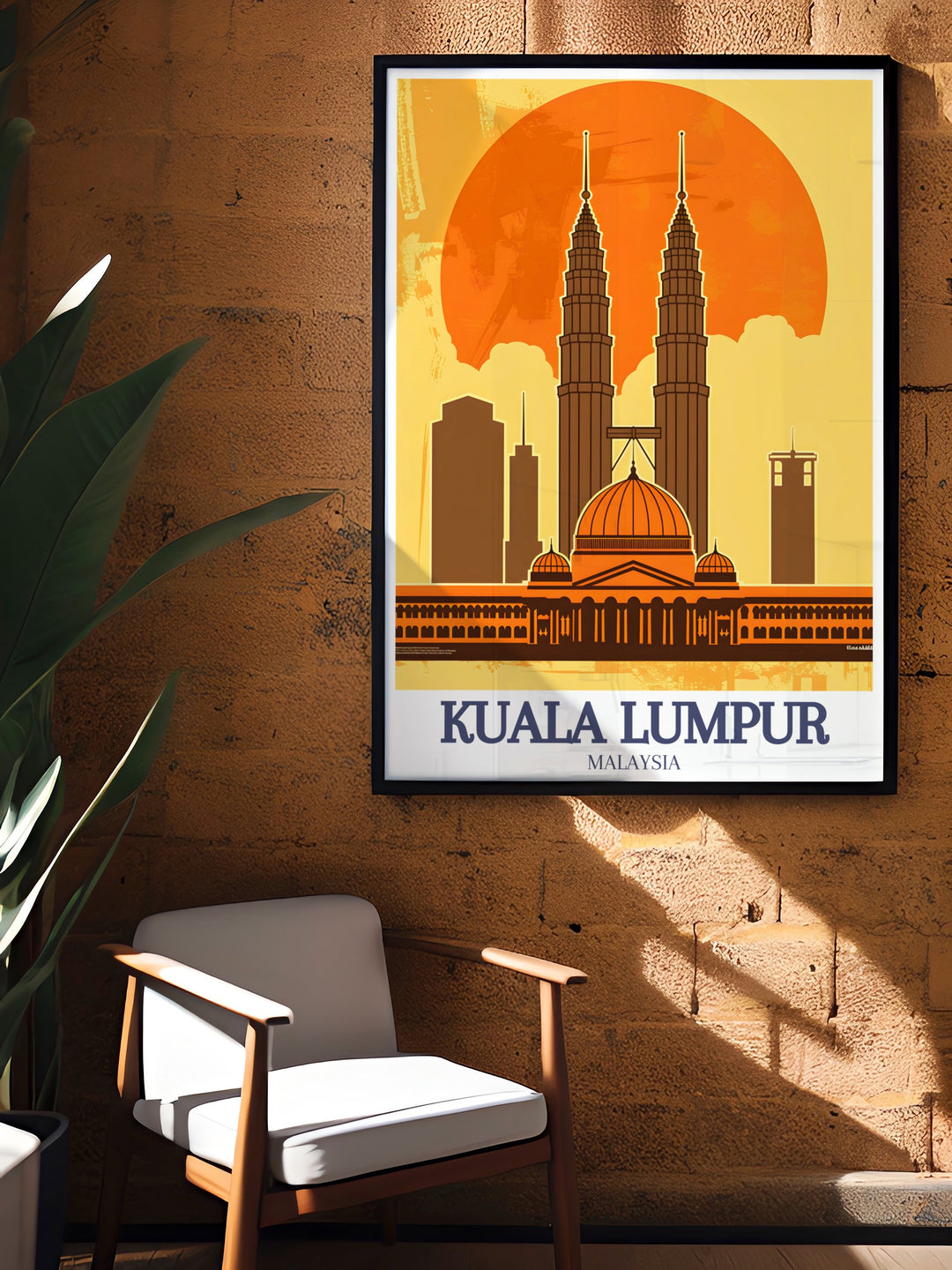 Sultan Abdul Samad Building and Petronas Twin Towers travel poster from Kuala Lumpur, showcasing the perfect juxtaposition of Malaysias colonial history with its modern skyscrapers. This art print brings the beauty of Kuala Lumpurs landmarks into your living space.