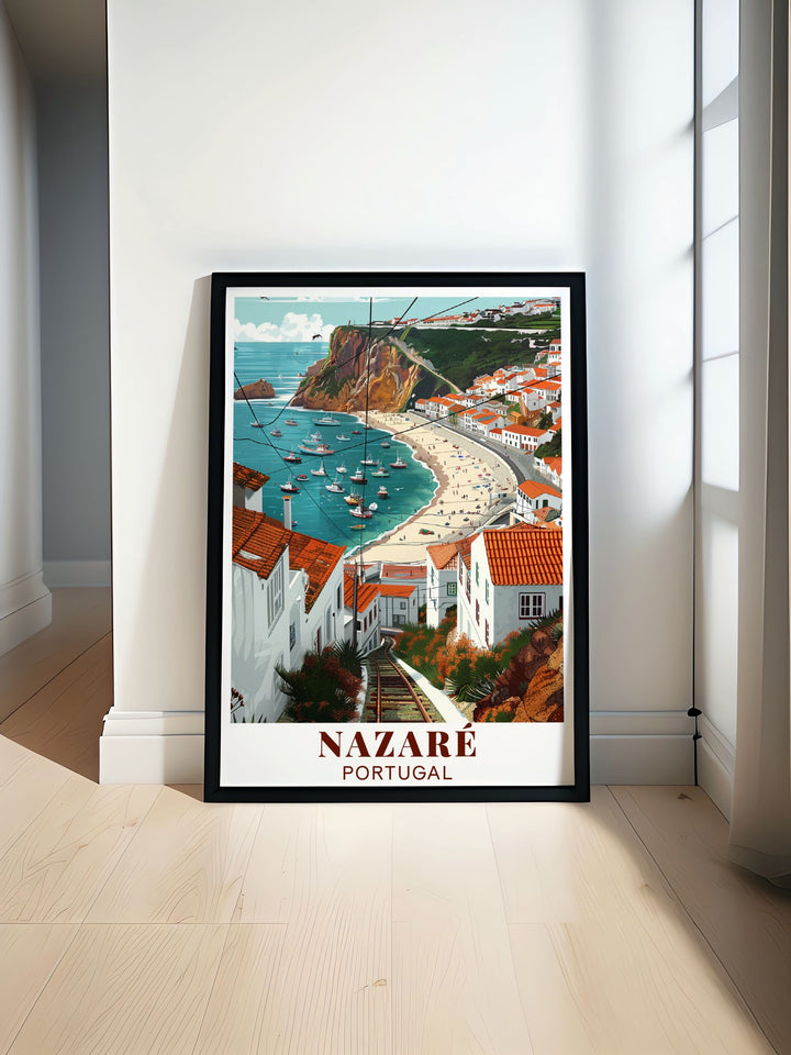 Stunning Traditional Fishing Village art print showcasing the beauty of Nazare Portugal perfect for enhancing your home decor ideal for living rooms or offices with vibrant colors and intricate details