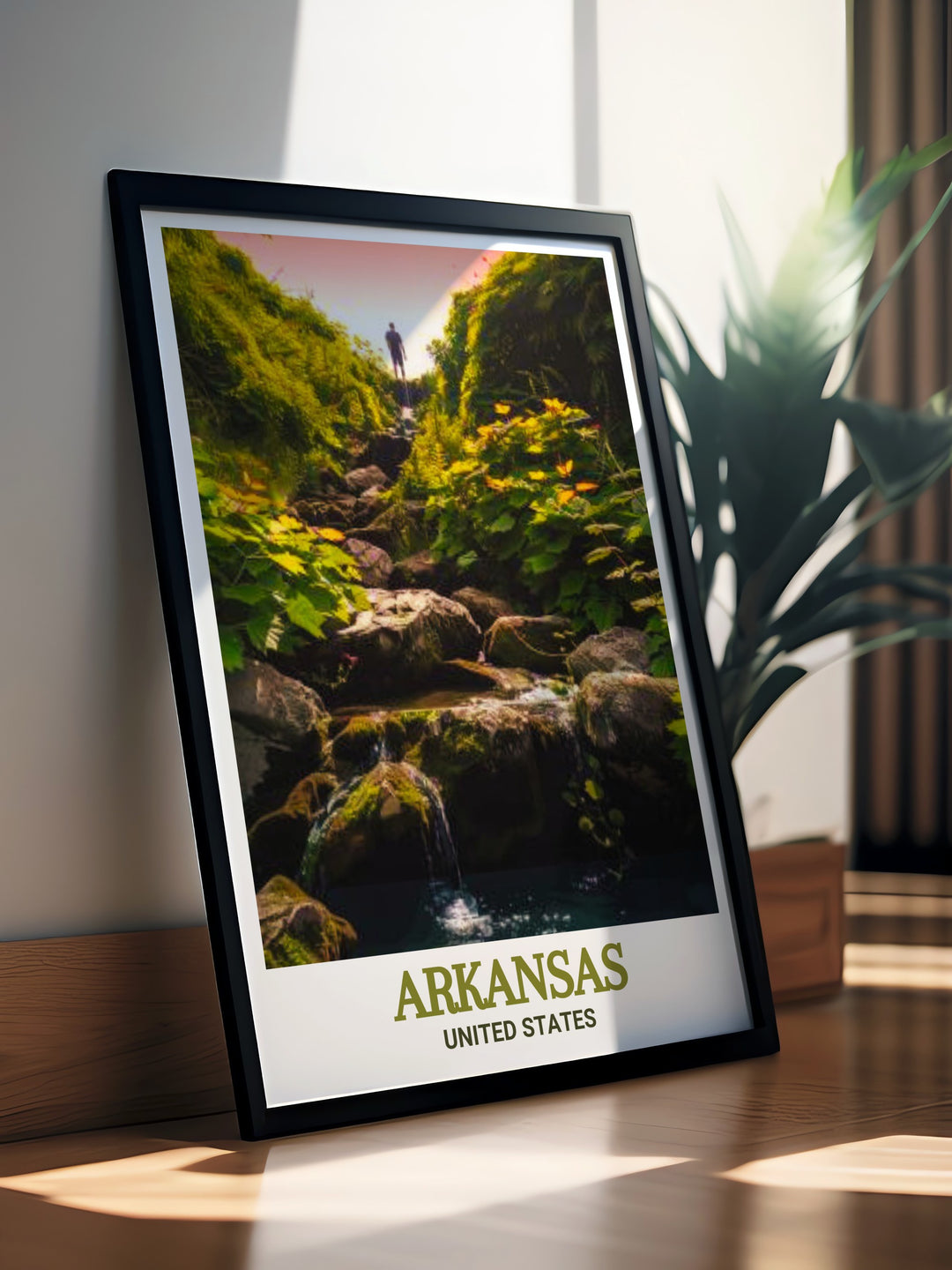 Art print of Hot Springs National Park in Arkansas, featuring the picturesque hot springs and lush landscapes. Perfect for nature lovers and those who appreciate historical beauty, this poster is a stunning addition to any art collection.