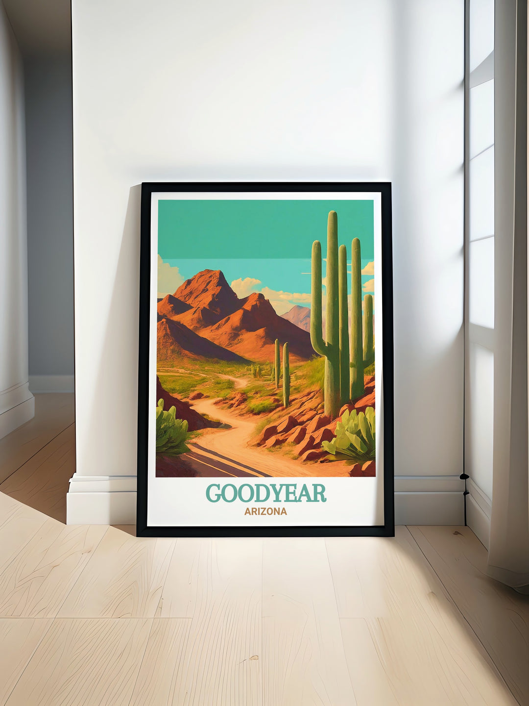 The Goodyear wall art captures the unique beauty of the Arizona desert with its vast landscapes and towering mountains. This artwork is perfect for anyone who loves the outdoors and wants to bring a bit of the wild Southwest into their home. A striking addition to any room.