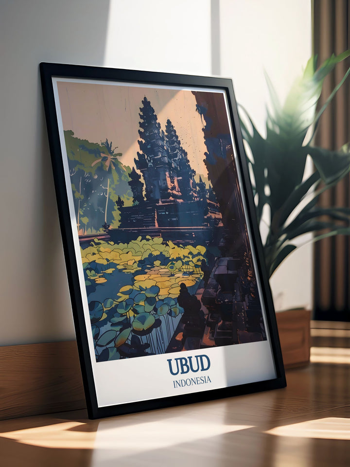 Experience the beauty of Ubud with this travel poster that highlights the famous Pura Taman Saraswati temple and its lotus pond. Perfect for adding an exotic, calming atmosphere to your home décor.