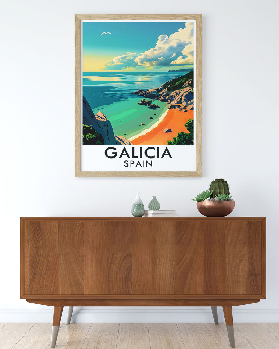 The serene and picturesque beaches of the Cíes Islands are depicted, emphasizing their reputation as some of the best in Europe.