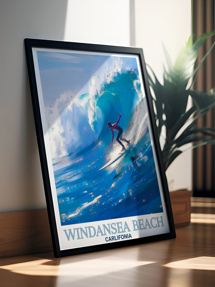 Windansea Beach Gift print highlighting Surfing Waves and iconic rock formations ideal for adding coastal charm to any room. This vintage poster is a perfect personalized gift and a beautiful piece of wall art.