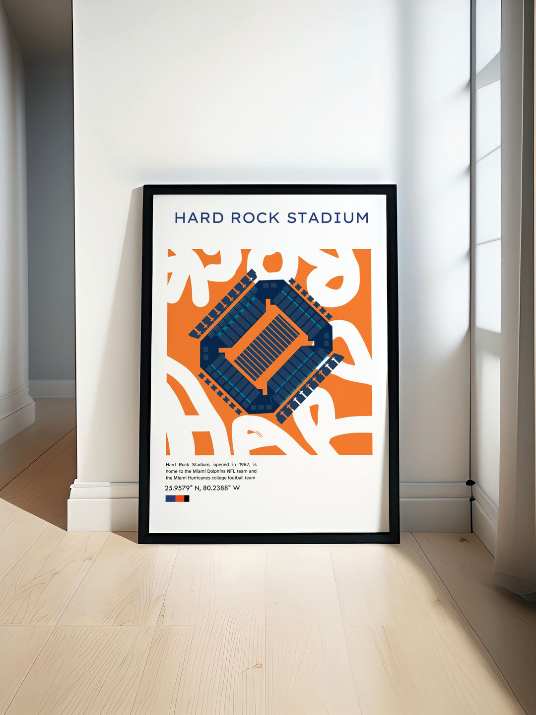 Miami Dolphins and Miami Hurricanes vintage poster featuring Hard Rock Stadium perfect for personalized gifts and travel poster prints celebrating Florida football