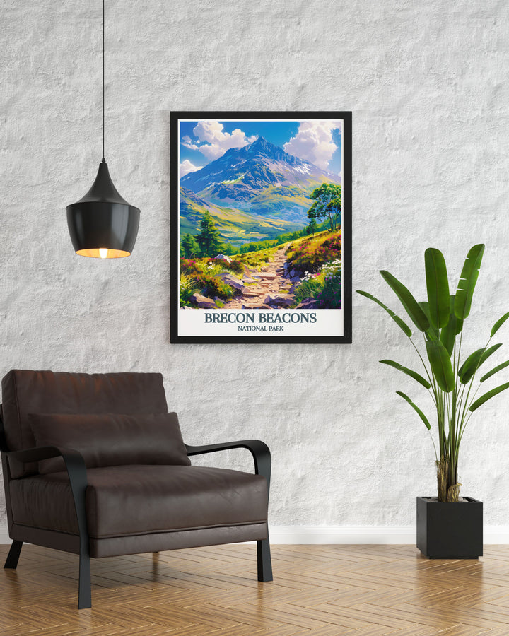 Vintage travel print of Brecon Beacons National Park highlighting the majestic Pen Y Fan and Corn Du. This Welsh wall art brings the beauty of the countryside into your home creating a calming atmosphere