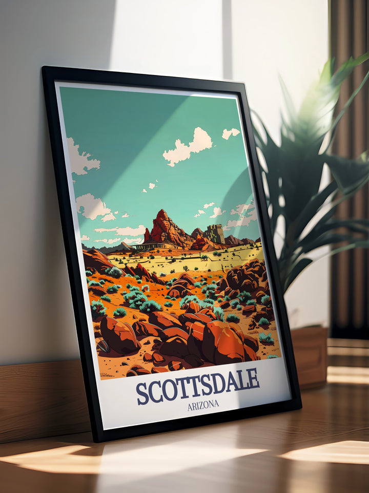 This Scottsdale wall art features Camelback Mountains scenic beauty and Taliesin Wests architectural elegance. A travel print perfect for celebrating the deserts natural splendor and the creativity that defines Scottsdale.