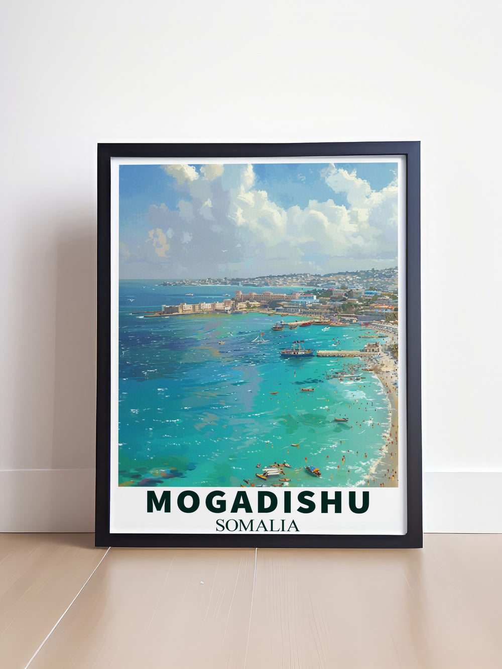 The vibrant beach and historic significance of Lido Beach are depicted in this travel poster, showcasing the natural beauty and cultural richness that define Somalia.