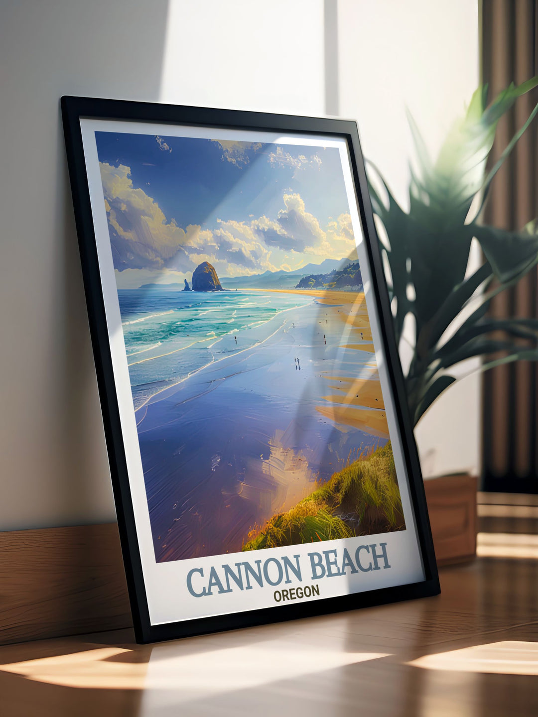 Beautiful Cannon Beach photo showcasing the iconic Haystack Rock and serene shoreline bringing the essence of the beach into your home with vibrant colors and fine details