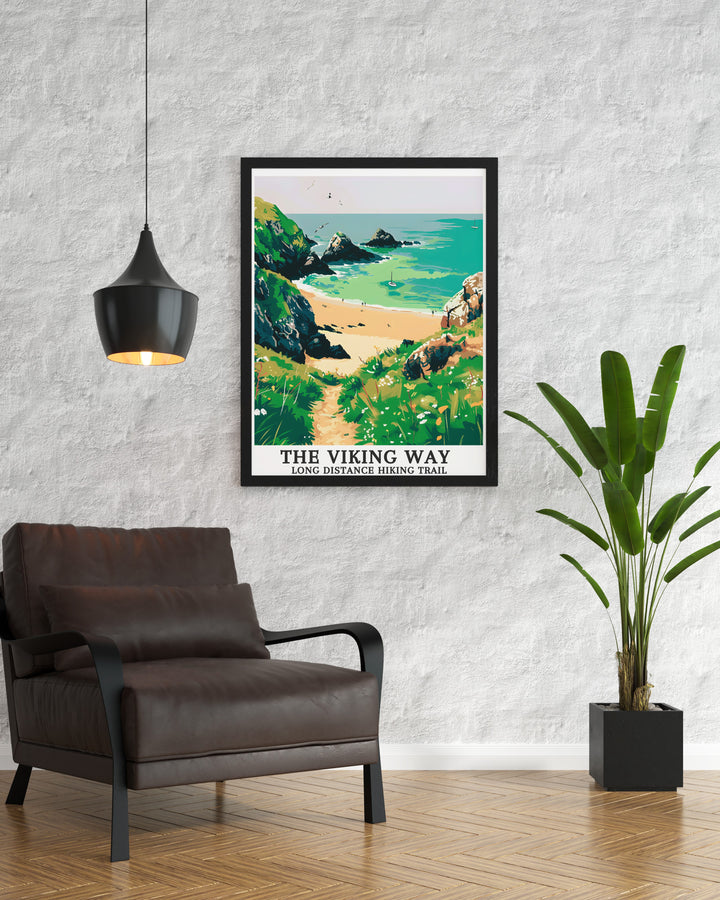 The Viking Way Long Distance Hiking Trail poster featuring Hoddevik Beach and the Norwegian Sea. This print showcases the trails unique beauty and historical significance, making it a must have for art collectors and outdoor enthusiasts. Perfect for enhancing any space.