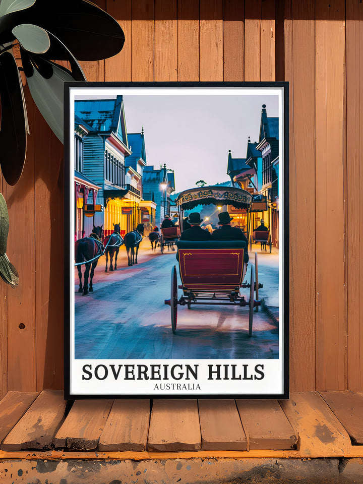 Detailed art print of Sovereign Hill featuring the bustling Main Street, capturing the essence of the gold rush era, perfect for New Zealand art lovers and history enthusiasts