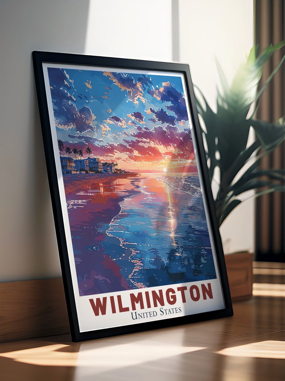 This travel poster artfully combines Wilmingtons coastal scenery with the historic allure of Wrightsville Beach and the modern skyline of New York City. Ideal for home decor, it celebrates the unique stories of these landmarks.