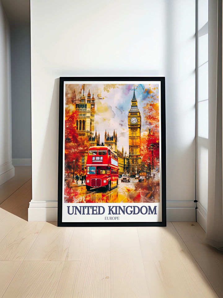 Capture the elegance of London with this travel print showcasing Big Ben and the Houses of Parliament. Whether youve visited before or dream of a trip to England, this art piece brings a touch of the citys grandeur to your home.