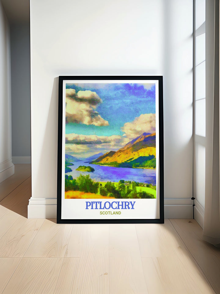 Pitlochry art print capturing the tranquil beauty of this Scottish town, with a focus on Queens View and its surrounding Highlands. This home print is a wonderful way to incorporate the serene and timeless landscapes of Scotland into your living space.