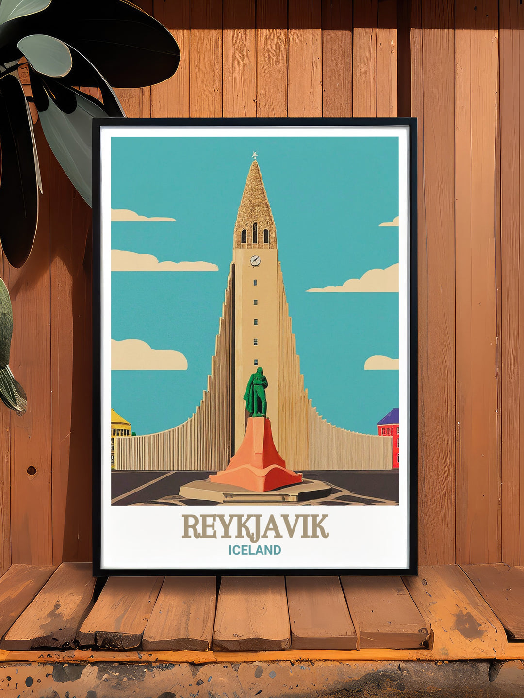 Reykjavik travel poster featuring the stunning Hallgrímskirkja and the dynamic city streets of Icelands capital. This vintage style wall poster adds a touch of Nordic charm to any room, making it perfect for those who admire Icelandic culture and design.