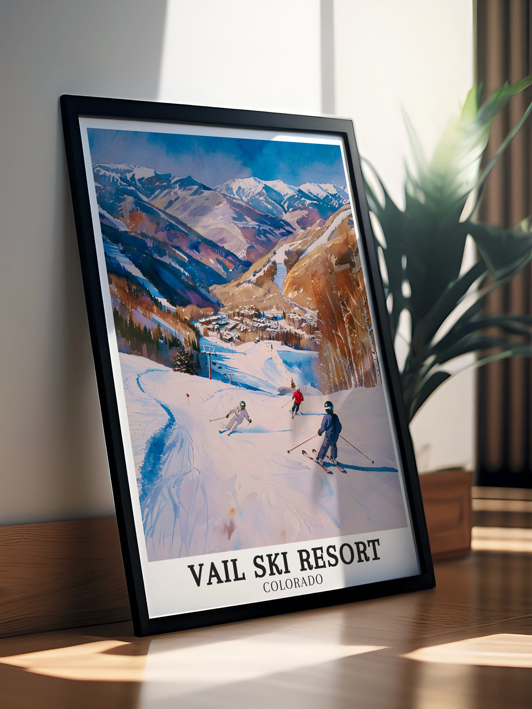 This vintage inspired poster of Vail Ski Resort showcases the beauty of Vail Mountain and the lively Vail Village. A perfect gift for fans of skiing and outdoor adventures, this artwork brings a timeless sense of adventure and elegance into your space.