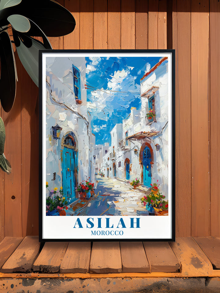 Moroccan Travel Art Asilah This detailed artwork highlights Asilahs rich history and its blend of old world charm with modern coastal living. From the intricate carvings on the walls of the Medina to the waves lapping gently at the shore, this piece captures the essence of Moroccos unique architectural style and natural beauty. Perfect for those who appreciate cultural travel art that connects deeply with Moroccan heritage and history.