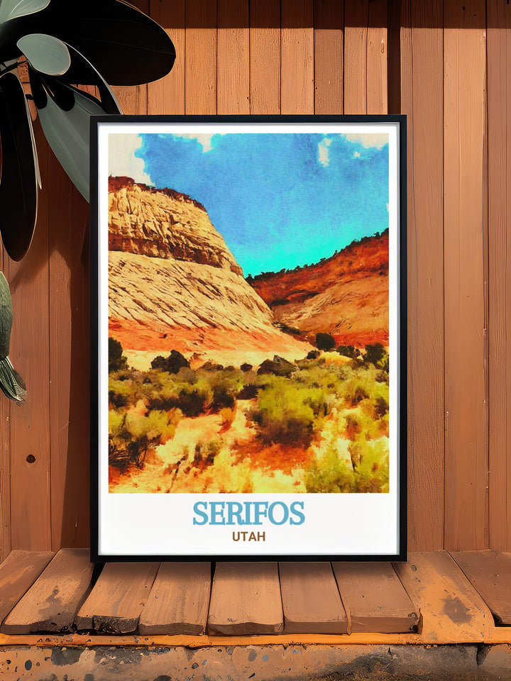 This print highlights the unique geological features of Checkerboard Mesa in Utah, with Springdales majestic cliffs in the foreground. A must have for lovers of the American Southwest, this piece adds warmth and character to any space.