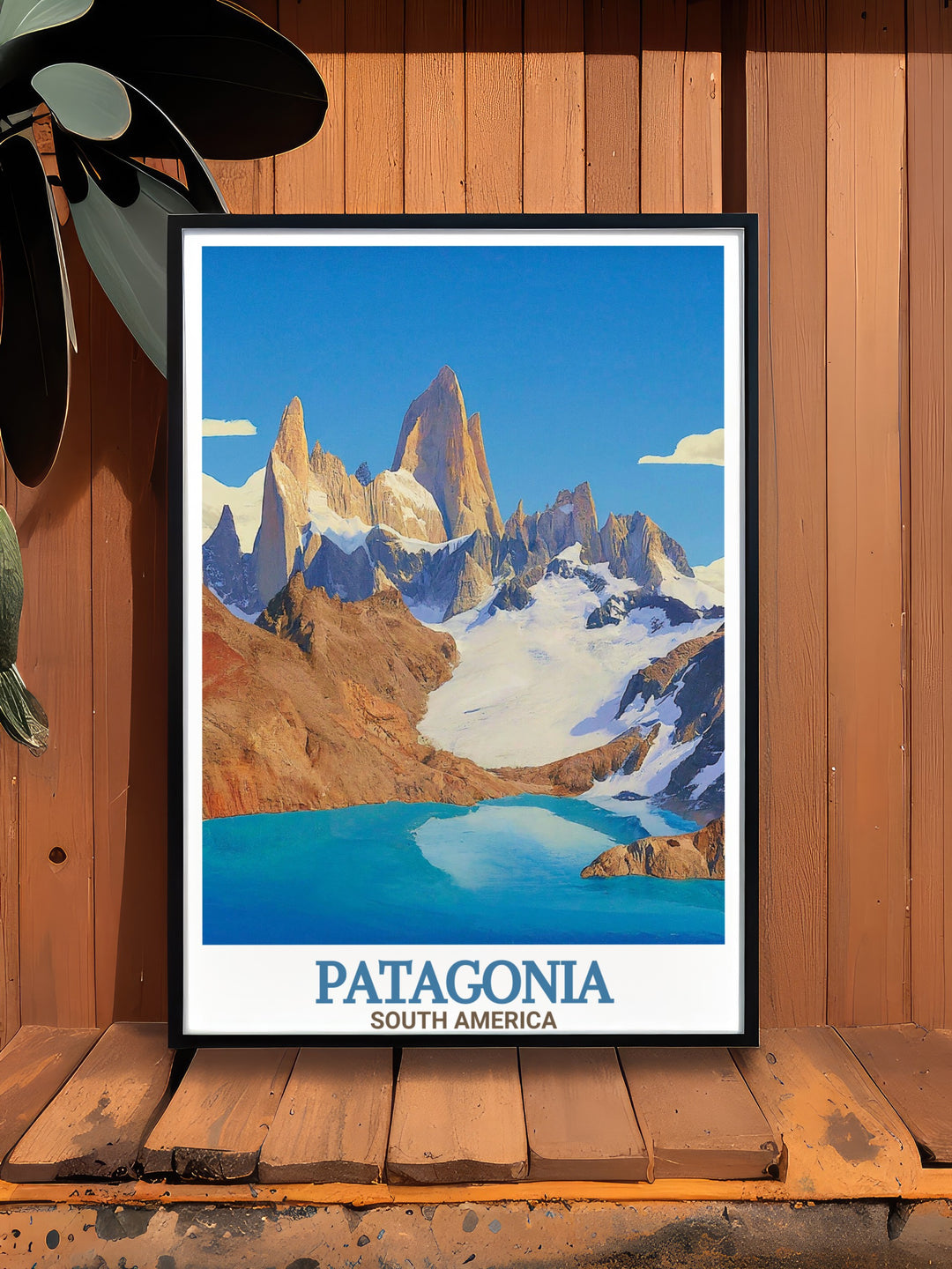 Chile wall art featuring Torres Del Paine and Mount Fitz Roy. A blend of retro and modern styles capturing the breathtaking scenery of Patagonia. Perfect for adding elegance and adventure to any room.