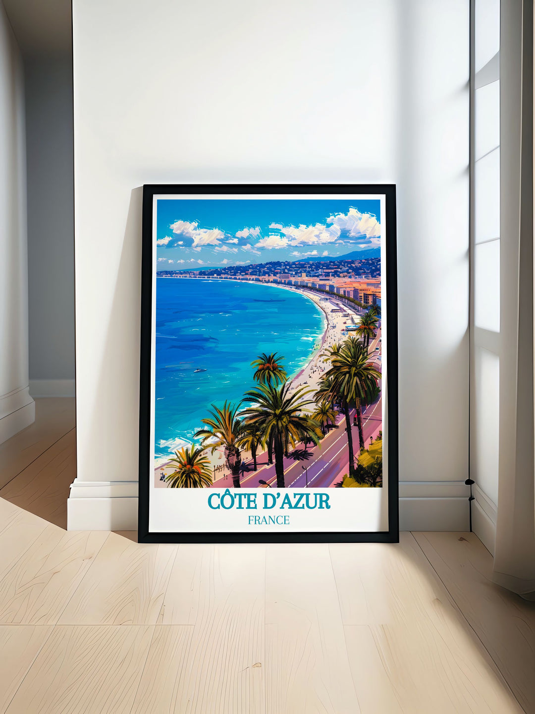 Gallery wall art of the Côte dAzur, highlighting the serene beauty of Promenade des Anglais, Nice, France. This print features the picturesque boulevard, vibrant life, and clear Mediterranean waters, offering a captivating depiction of the Riviera.