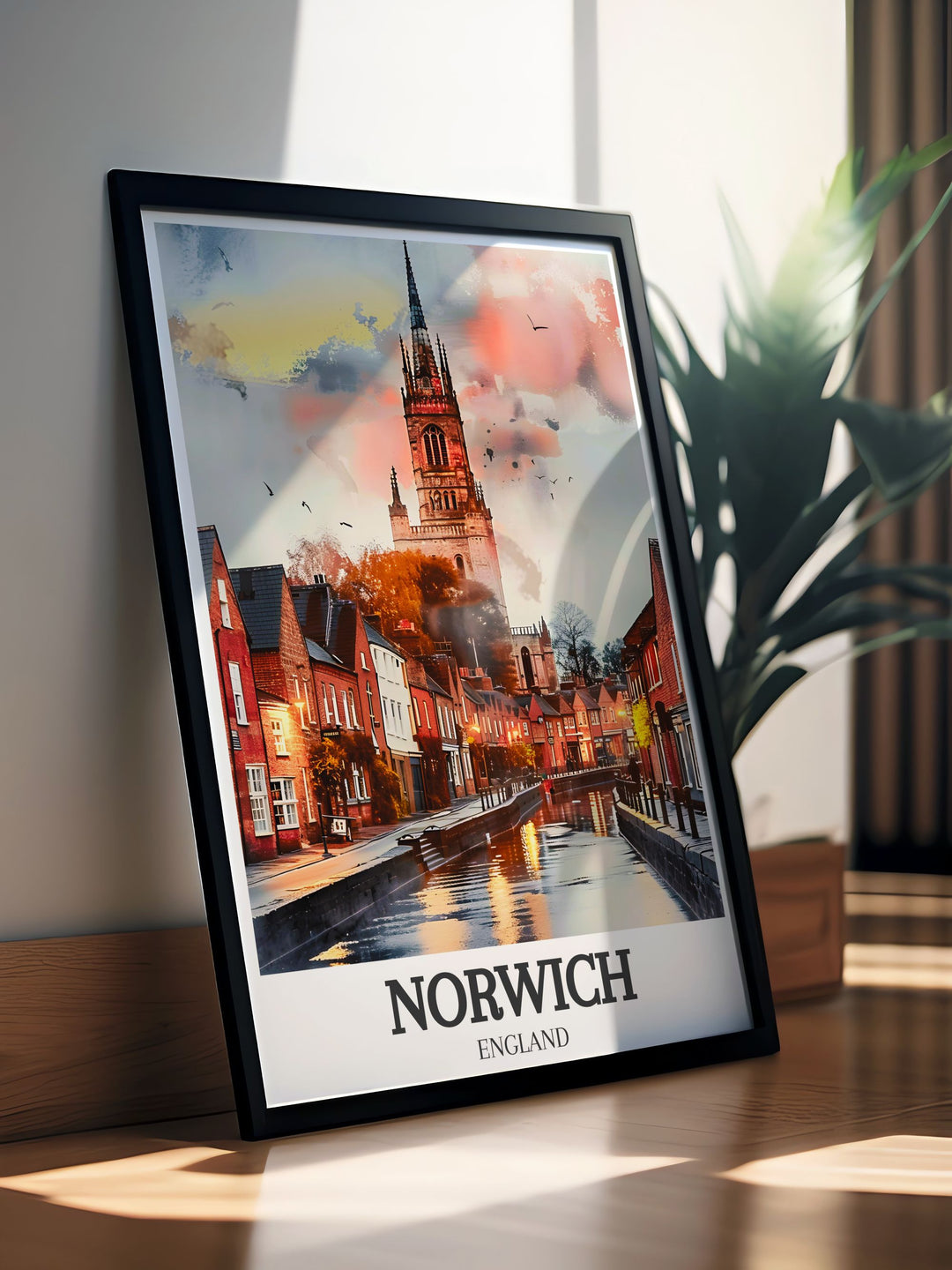 Stunning Blakeney Harbour print capturing the beauty of Norfolk Coast AONB with detailed artwork of the River Wensum Tudor buildings and The Norwich Cathedral perfect for vintage travel print collections and modern art decor.