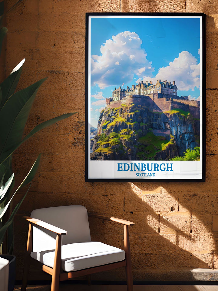Travel poster highlighting the majestic views from Edinburgh Castle, offering a majestic perspective of the citys landscape and history.