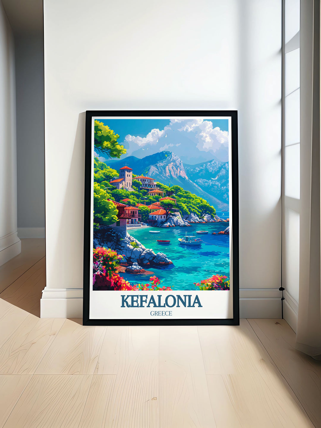 An art print of Kefalonia, emphasizing its crystal clear waters, dramatic coastlines, and charming villages. The illustration celebrates the islands scenic beauty and cultural richness.