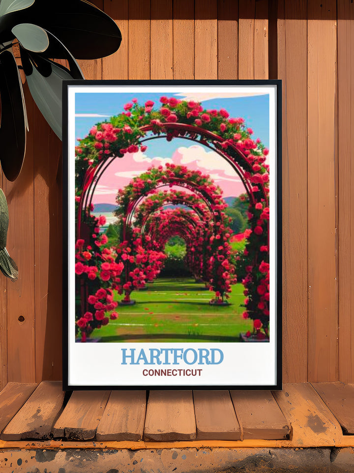 Hartford travel print featuring a detailed street map and Elizabeth Park artwork perfect for adding a modern touch to your home. This colorful and fine line design is ideal for living room decor or gifts for special occasions.