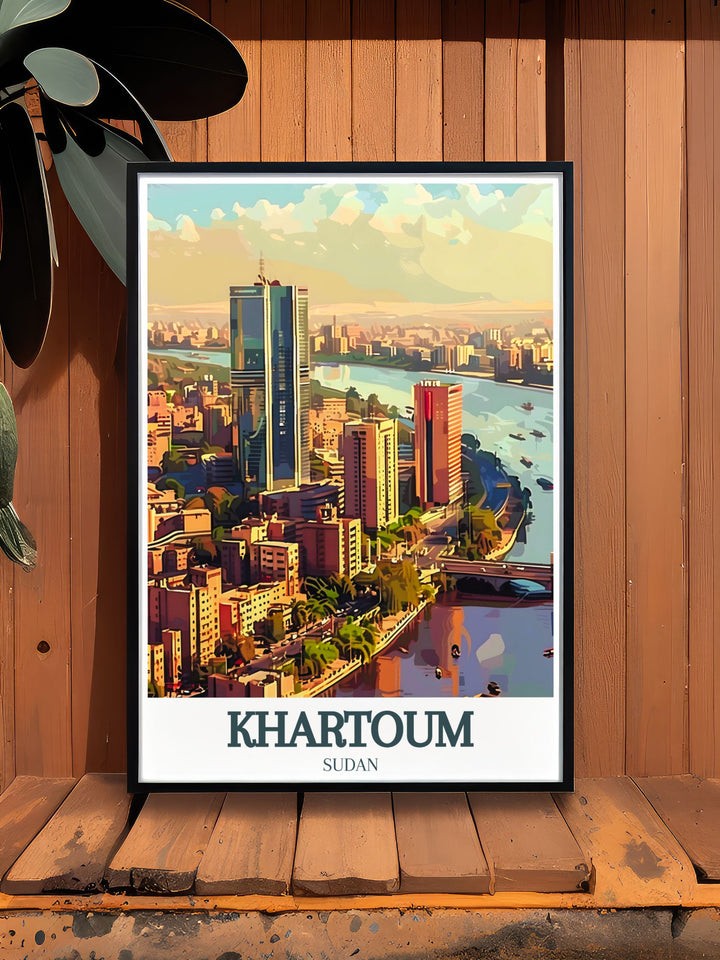 Unique Khartoum photo print featuring the NTC tower Nile River and city center perfect for modern decor