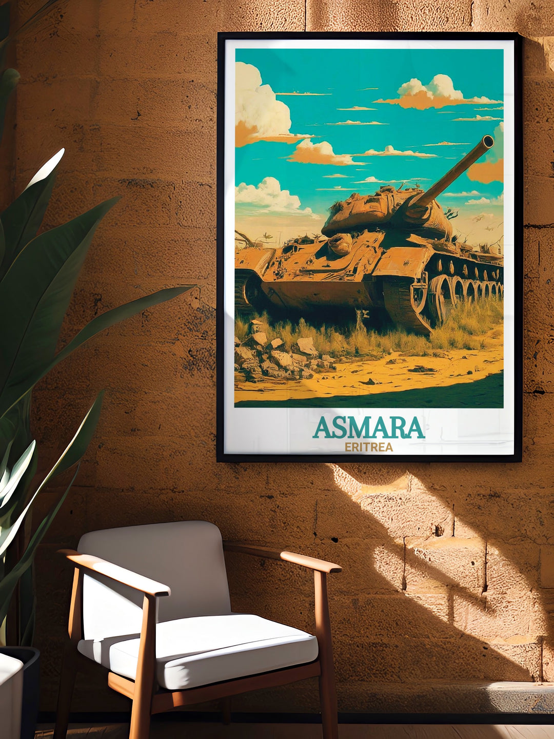 Tank Graveyard artwork depicting rows of decommissioned military equipment in Asmara, ideal for adding intrigue to any room.